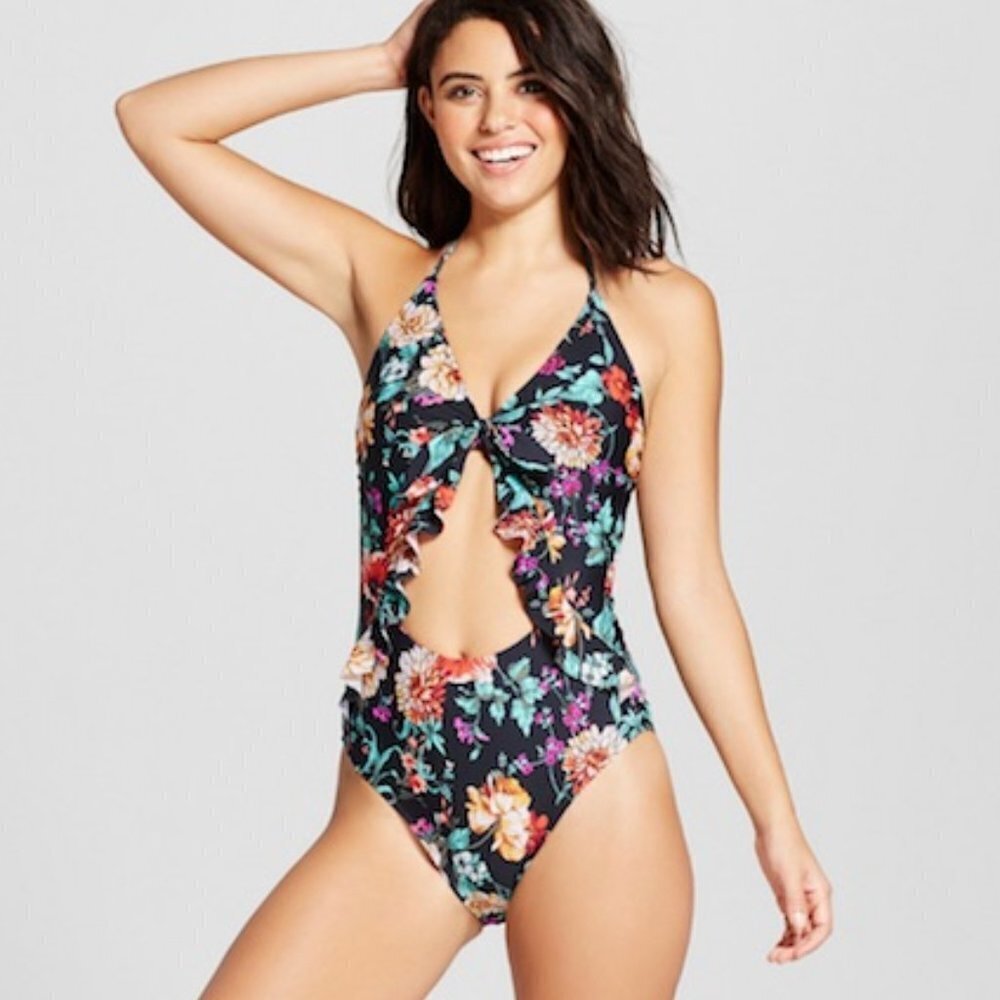 XHILARATION One Piece Swimsuit Floral Ruffle S Blk